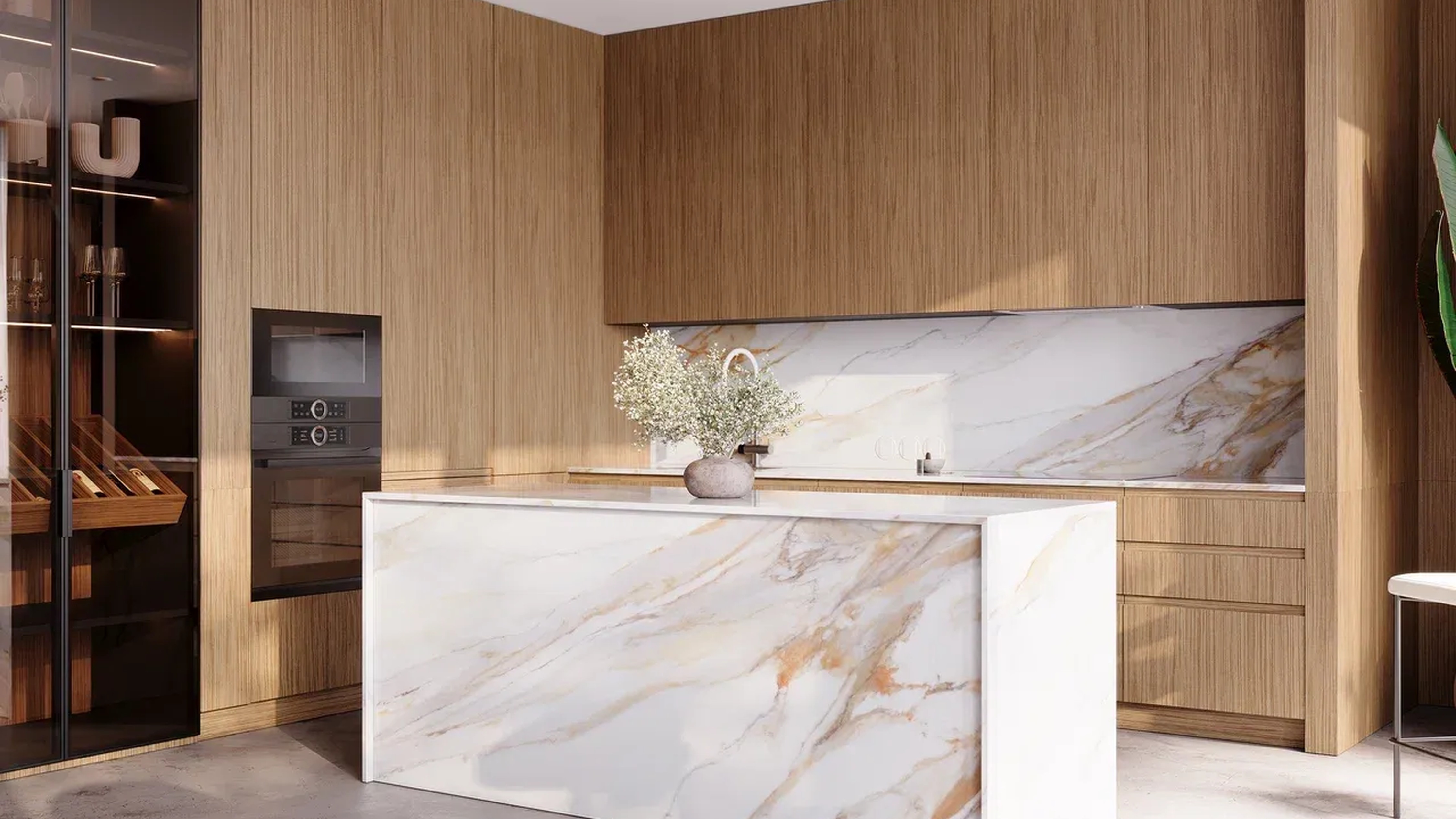 Кухня с островом, шпоном ореха и светлой кварцевой столешницей